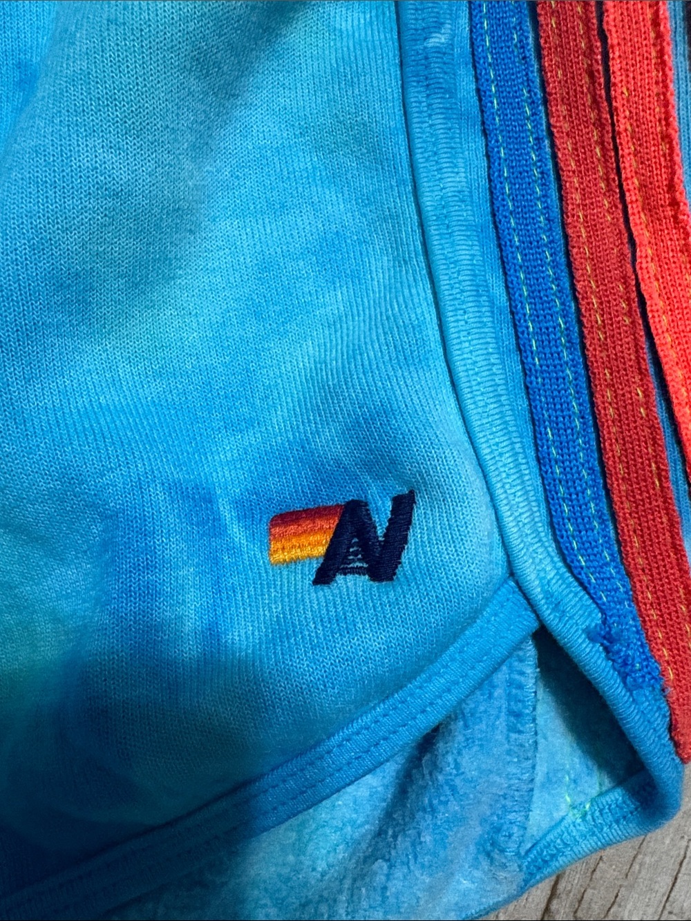 Aviator Nation Blue Tie-Dye Athletic Shorts with 5 Rainbow Side Stripes - Picture 2 of 5